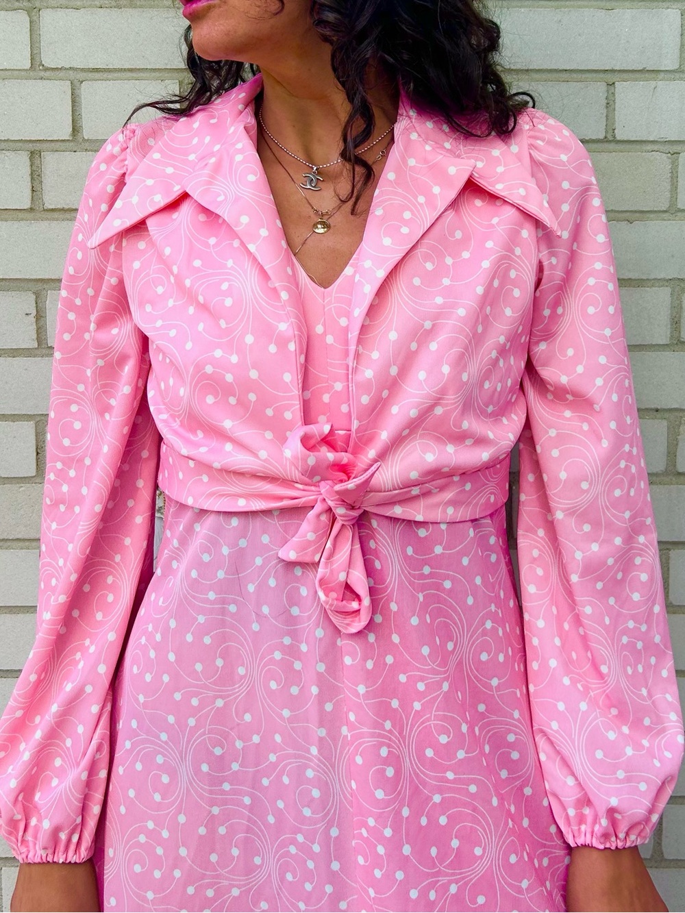 Vintage 70s Pink Floral Polyester Swirl Maxi Dress and Jacket Set